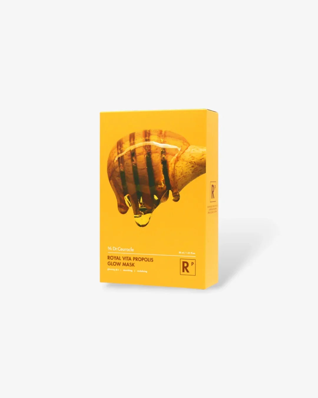 Bright yellow box of Royal Vita Propolis Glow Mask featuring honey dipper dripping propolis