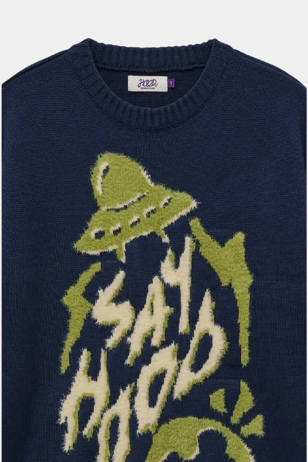 Navy knit sweater with green and cream UFO and 'Stay Hood' graphic design