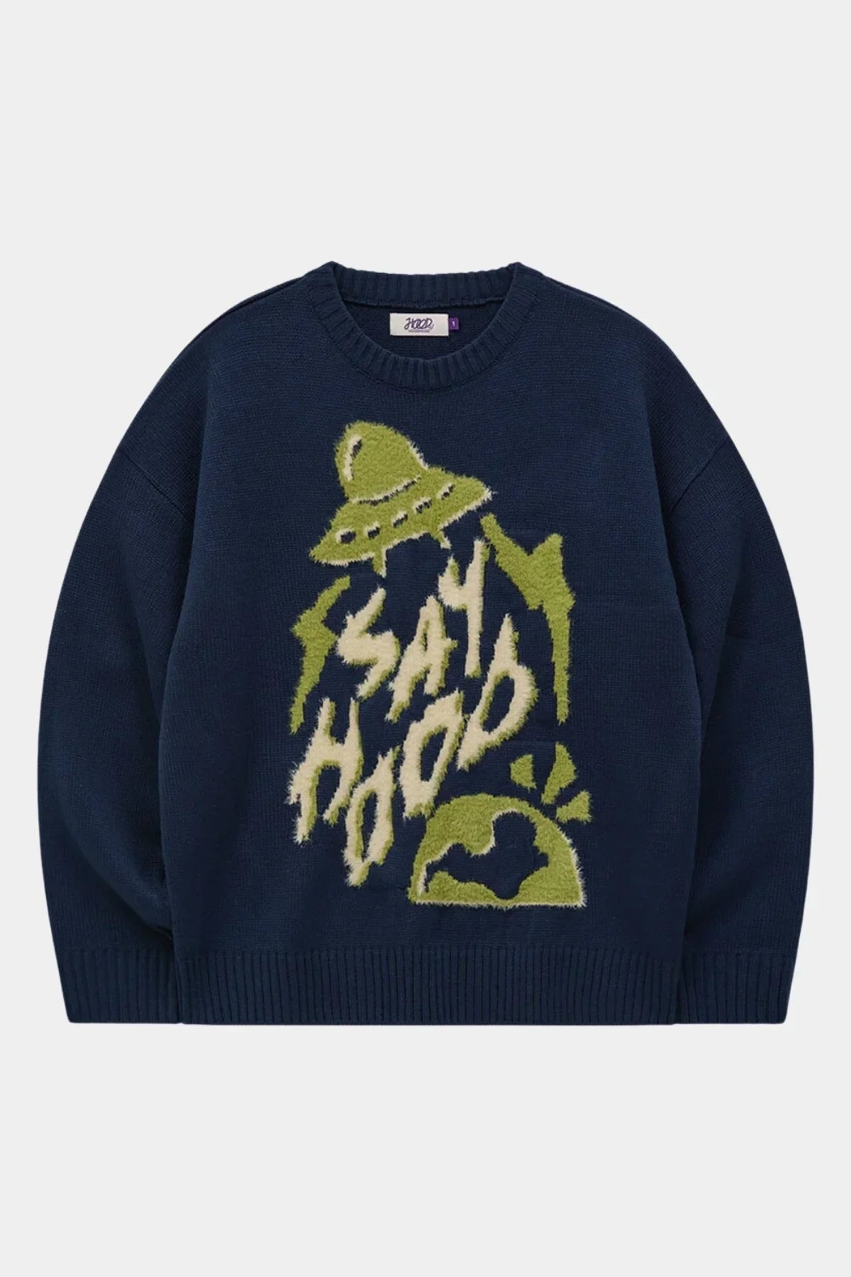 Navy blue knit sweater with green UFO and earth graphics and 'SAY HOOD' text design