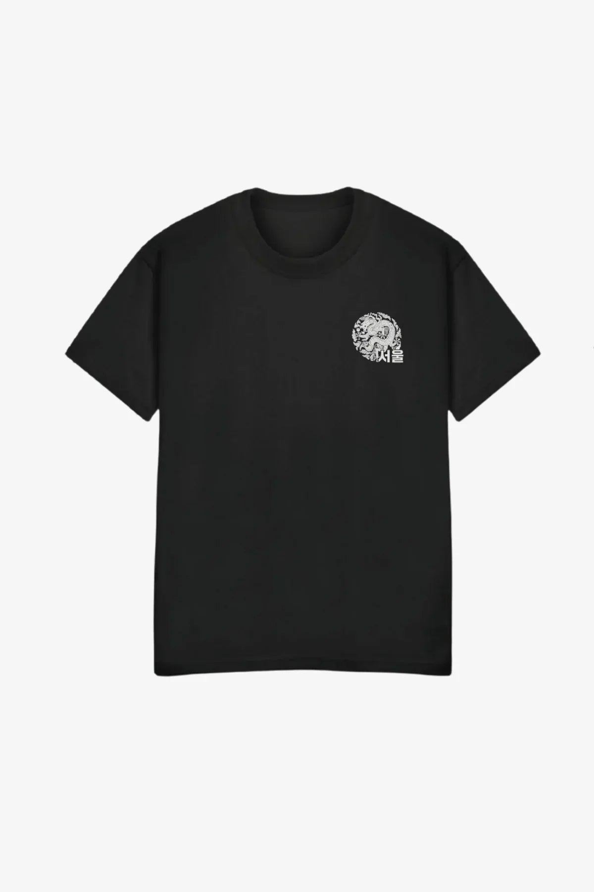 Black T-shirt with white dragon graphic and Korean text on left chest