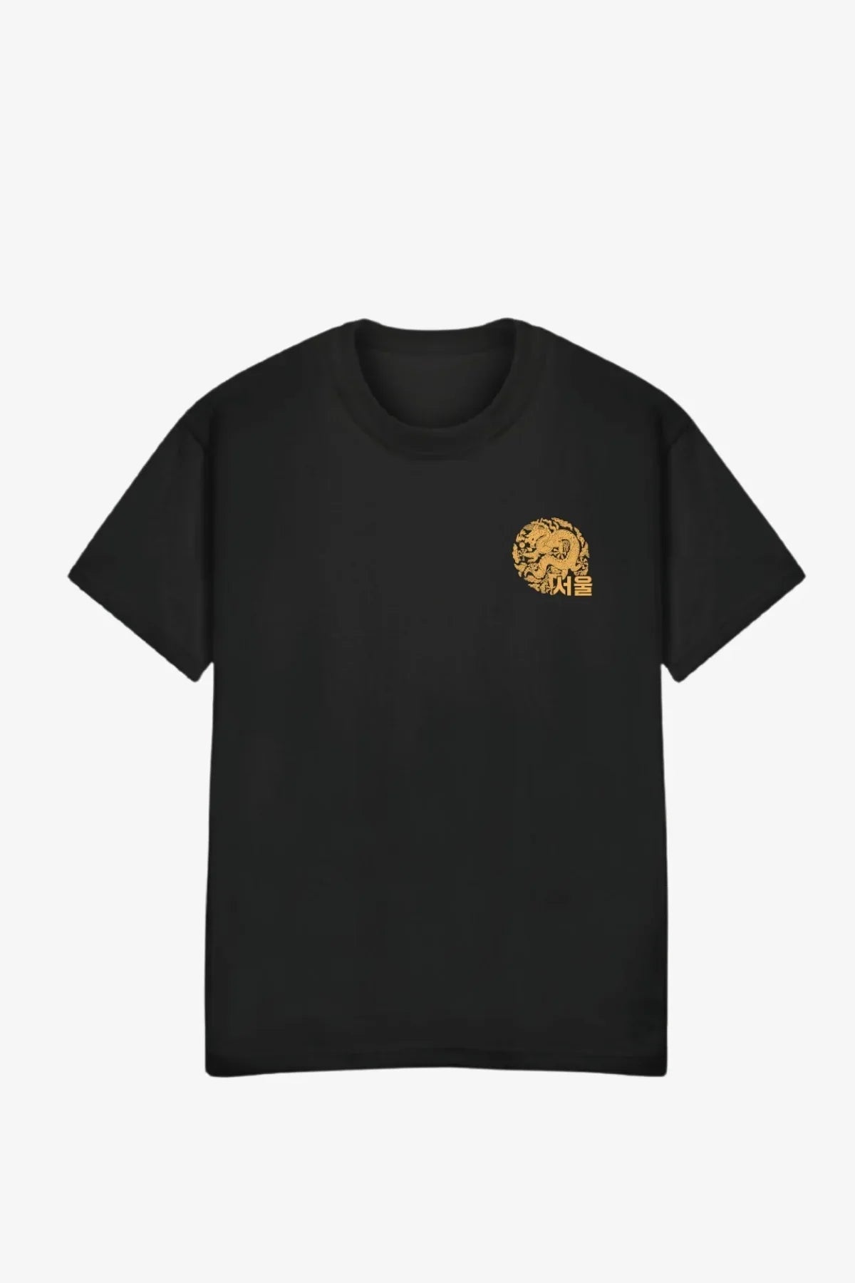 Black T-shirt with small golden circular dragon graphic and Korean text on chest