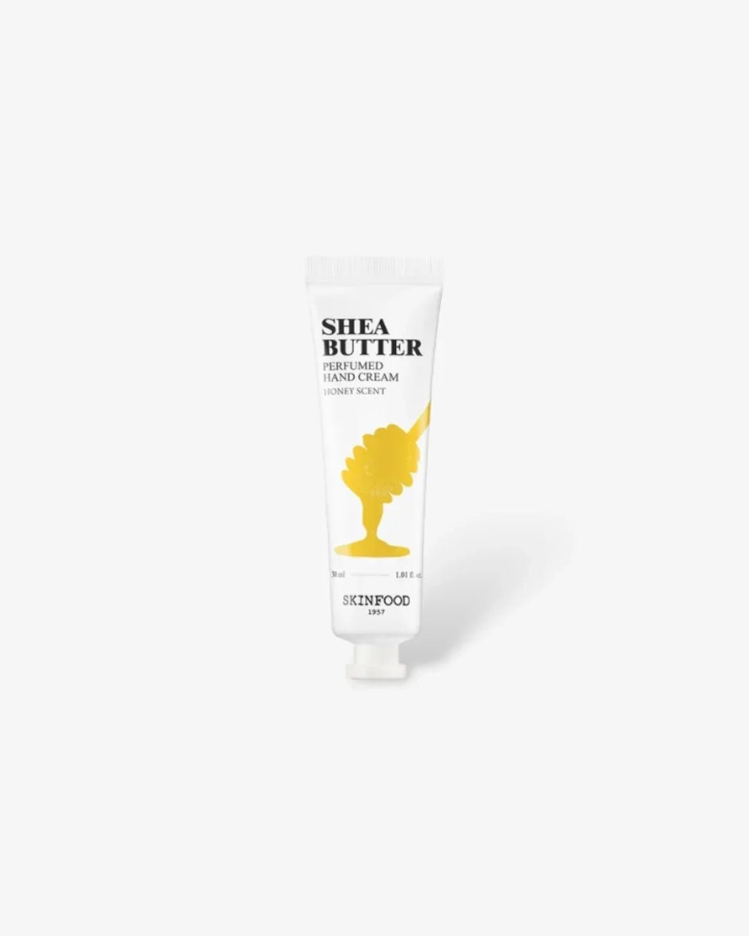 Shea Butter Perfumed Hand Cream Honey Scent 30ml tube by Skinfood on white background