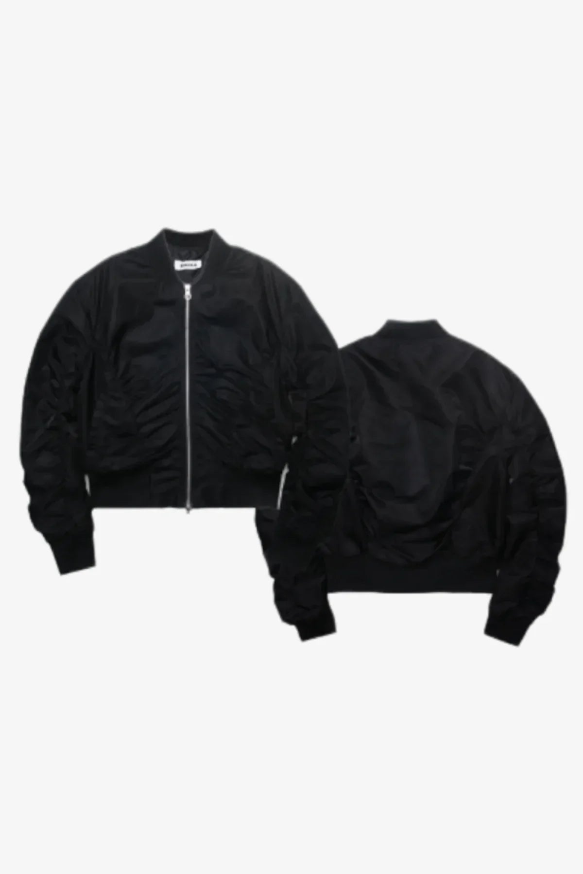 Black bomber jacket with front zipper and shirring detail shown front and back