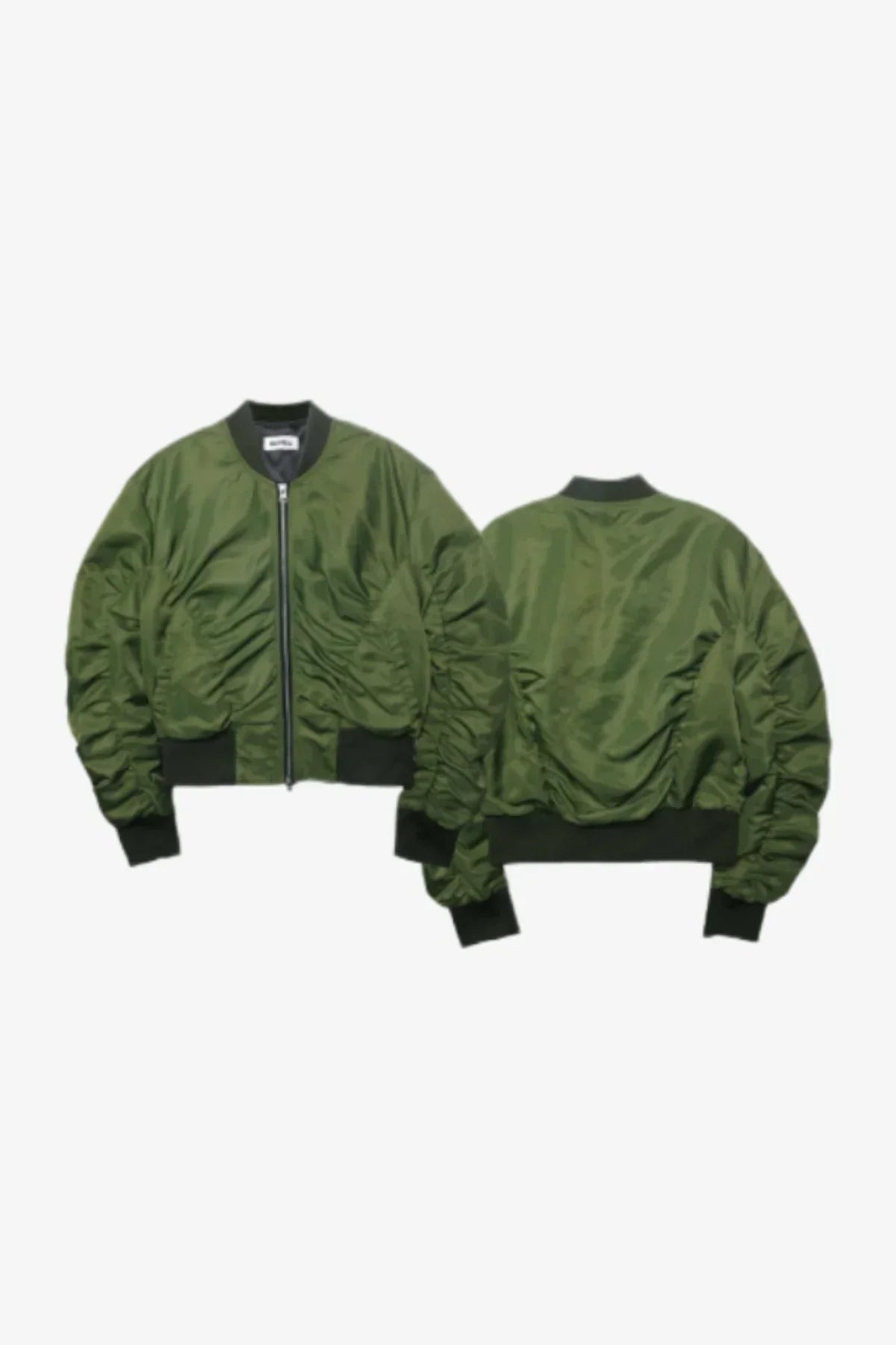 Front and back view of khaki green shirred bomber jacket with black cuffs and collar