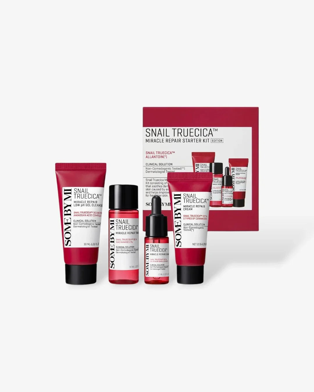 Some By Mi Snail Truecica Miracle Repair Starter Kit with cleanser, toner, serum, and cream in red and white packaging