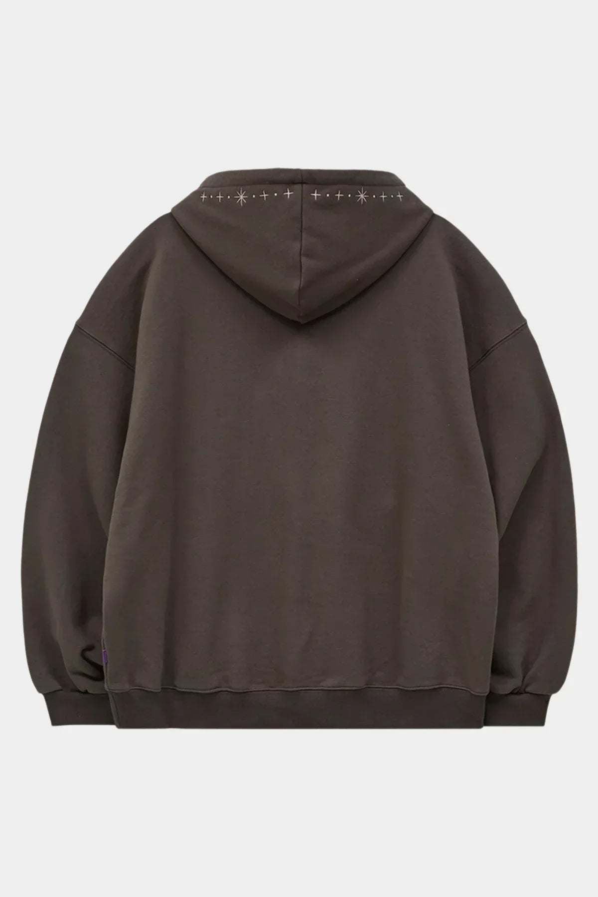 Charcoal hoodie with star applique embroidery across the back of the hood