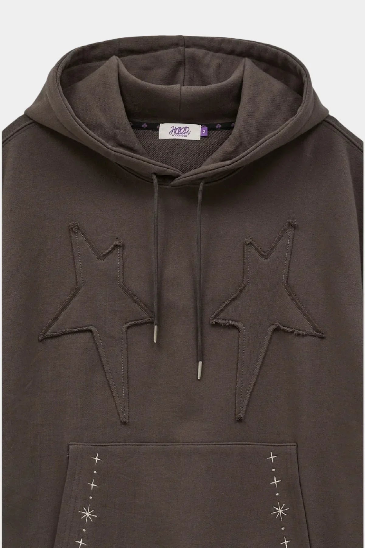Charcoal hoodie with dual star applique embroidery and small star accents on front pocket