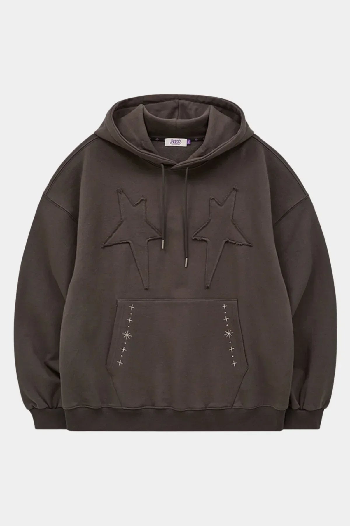 Charcoal hoodie with star-shaped applique embroidery and front pocket with star stitch details