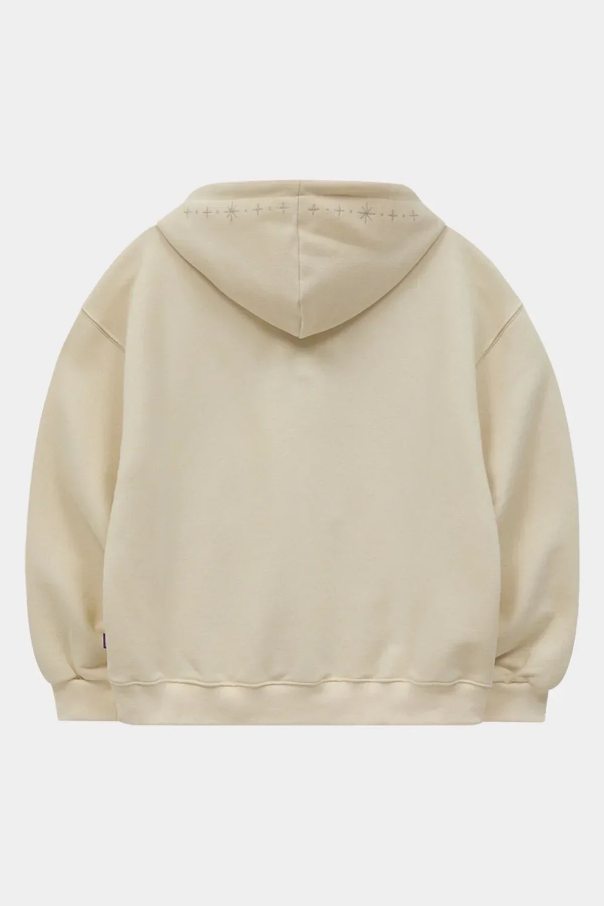 Ivory hoodie with star appliqué embroidery across back of hood, soft fabric, casual sweatshirt