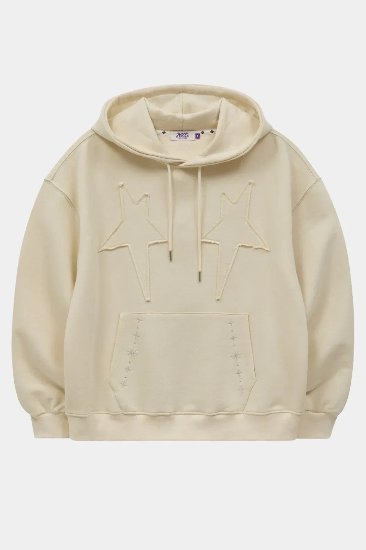 Ivory hoodie with star applique embroidery on chest and stitched star details on front pocket