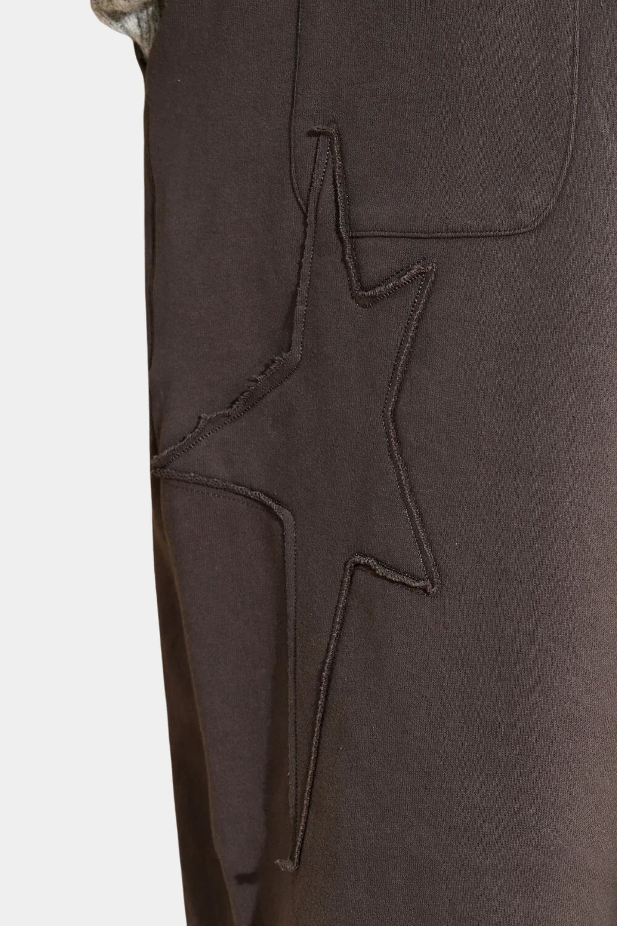 Charcoal sweatpants detail with star applique embroidery and textured stitching