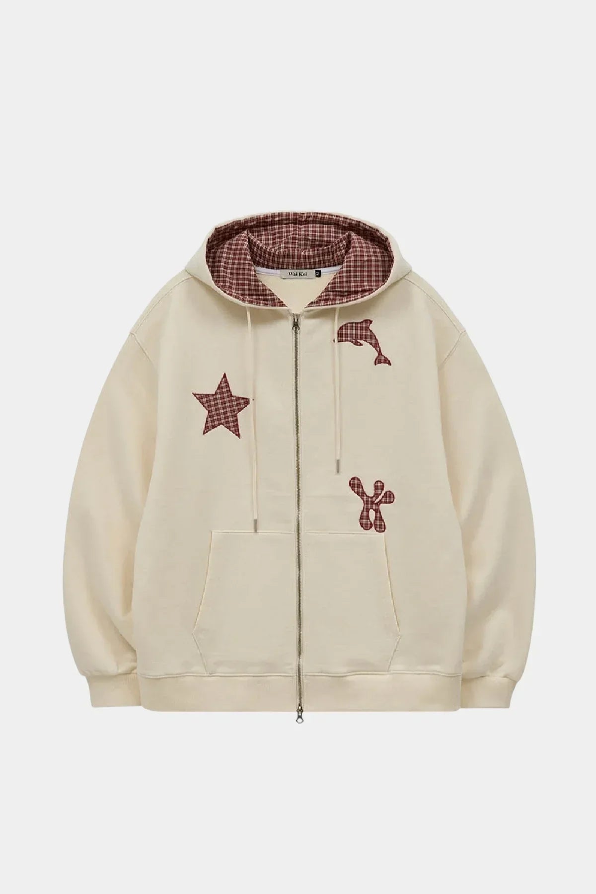 Ivory zip-up hoodie with plaid star, dolphin, and figure appliqués, Korean fashion at Malkn