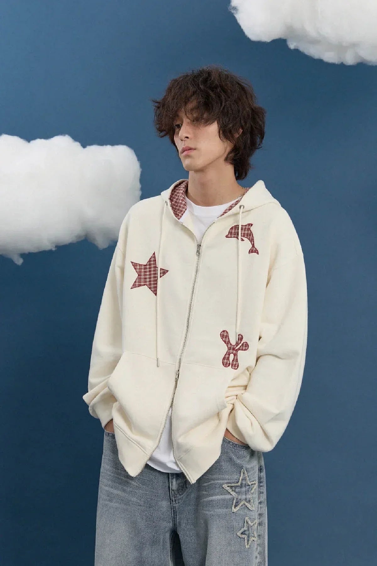 Model wearing ivory zip-up hoodie with check star, dolphin, figure appliqués and star denim, Malkn Korean fashion