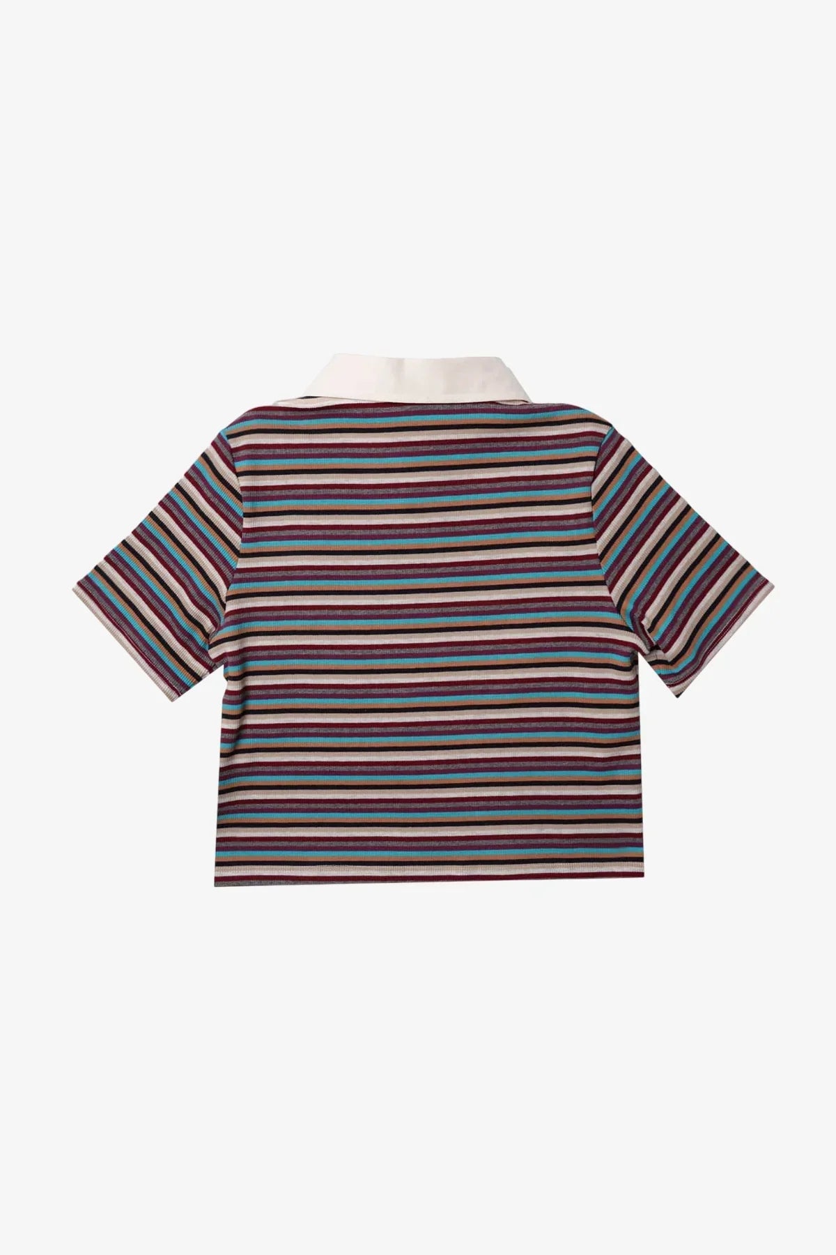 Back view of short-sleeve polo shirt with multicolor horizontal stripes and white collar