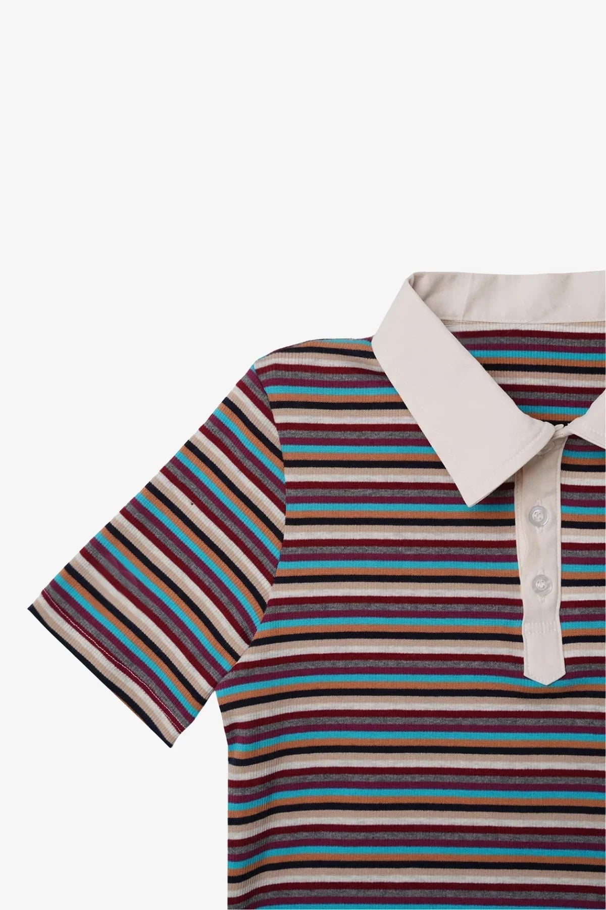 Close-up of striped polo t-shirt with beige collar and multi-color horizontal stripes