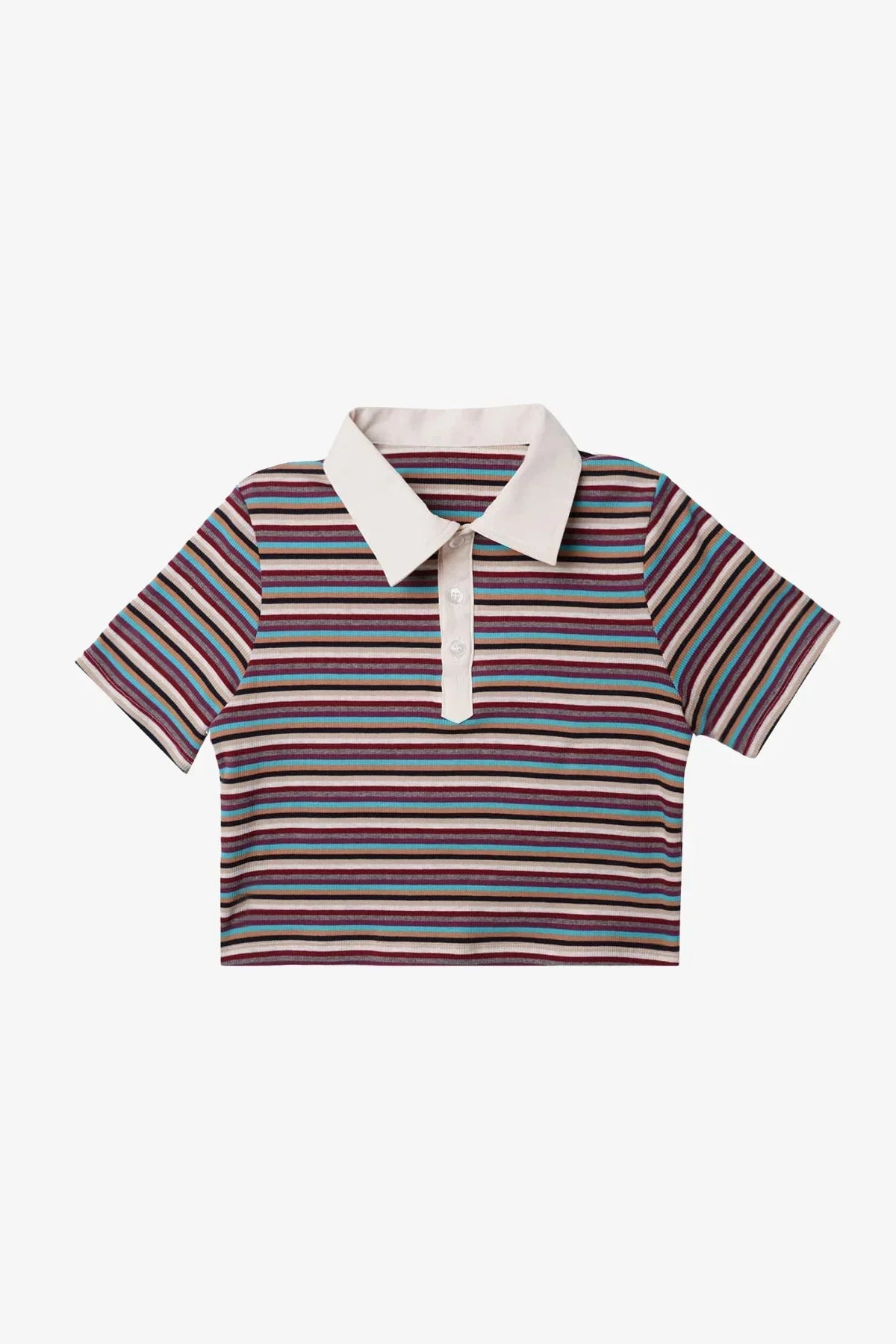 Striped cropped polo t-shirt with white collar and buttons, multi-color horizontal stripes