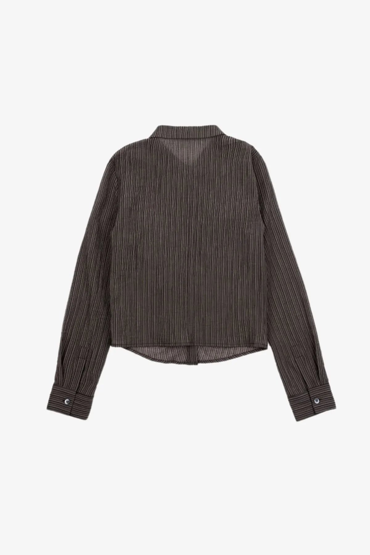 Back view of a brown long-sleeve cropped shirt with thin vertical stripes and buttoned cuffs