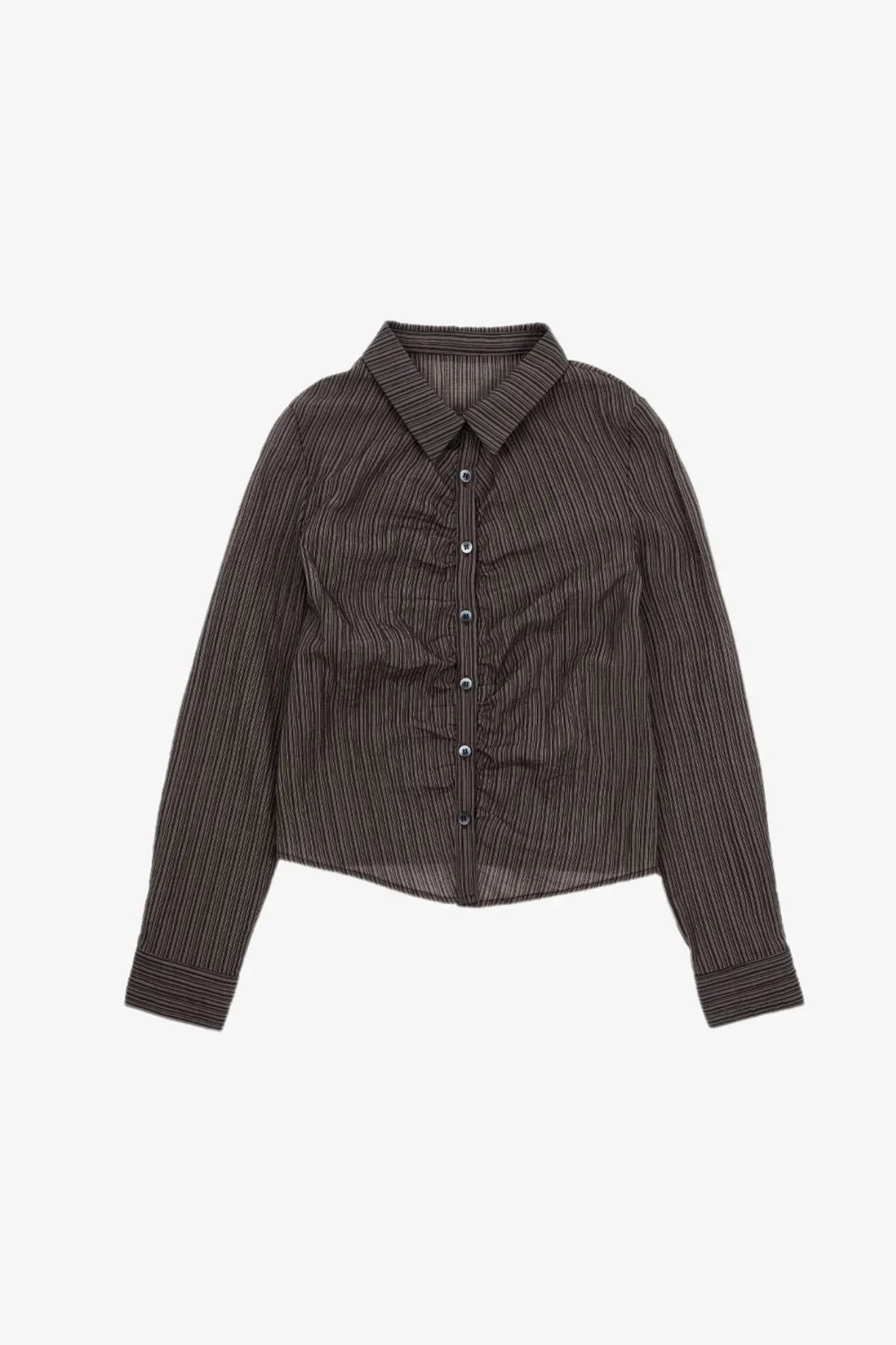 Brown striped long-sleeve cropped shirt with buttons and collar on white background