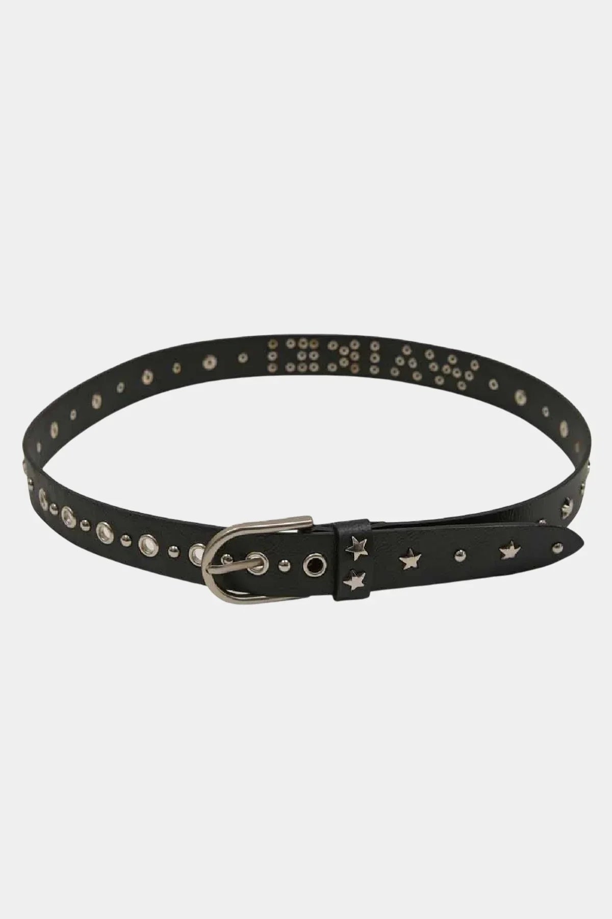 Black leather belt with silver star and circular stud embellishments and silver buckle