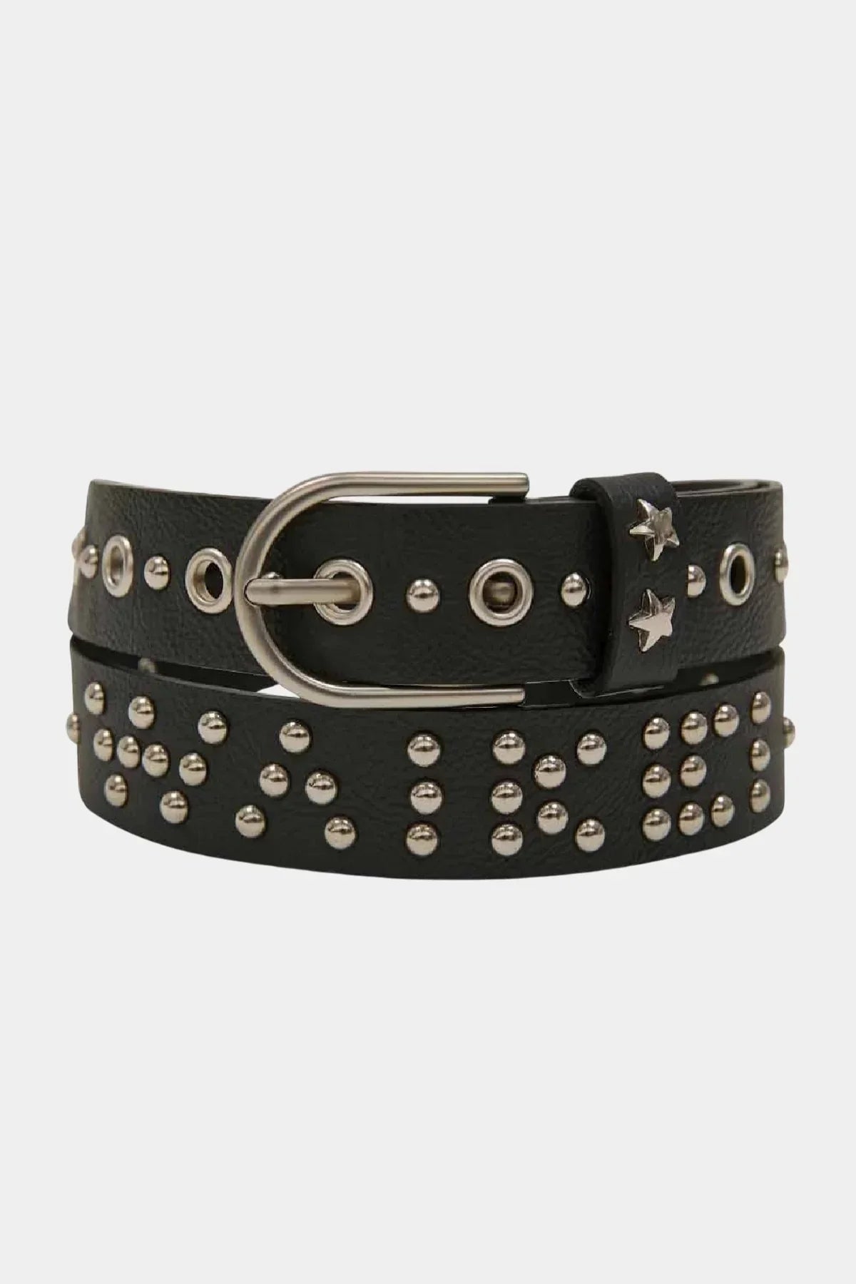Black leather belt with silver studs, round eyelets, star-shaped accents, and metal buckle