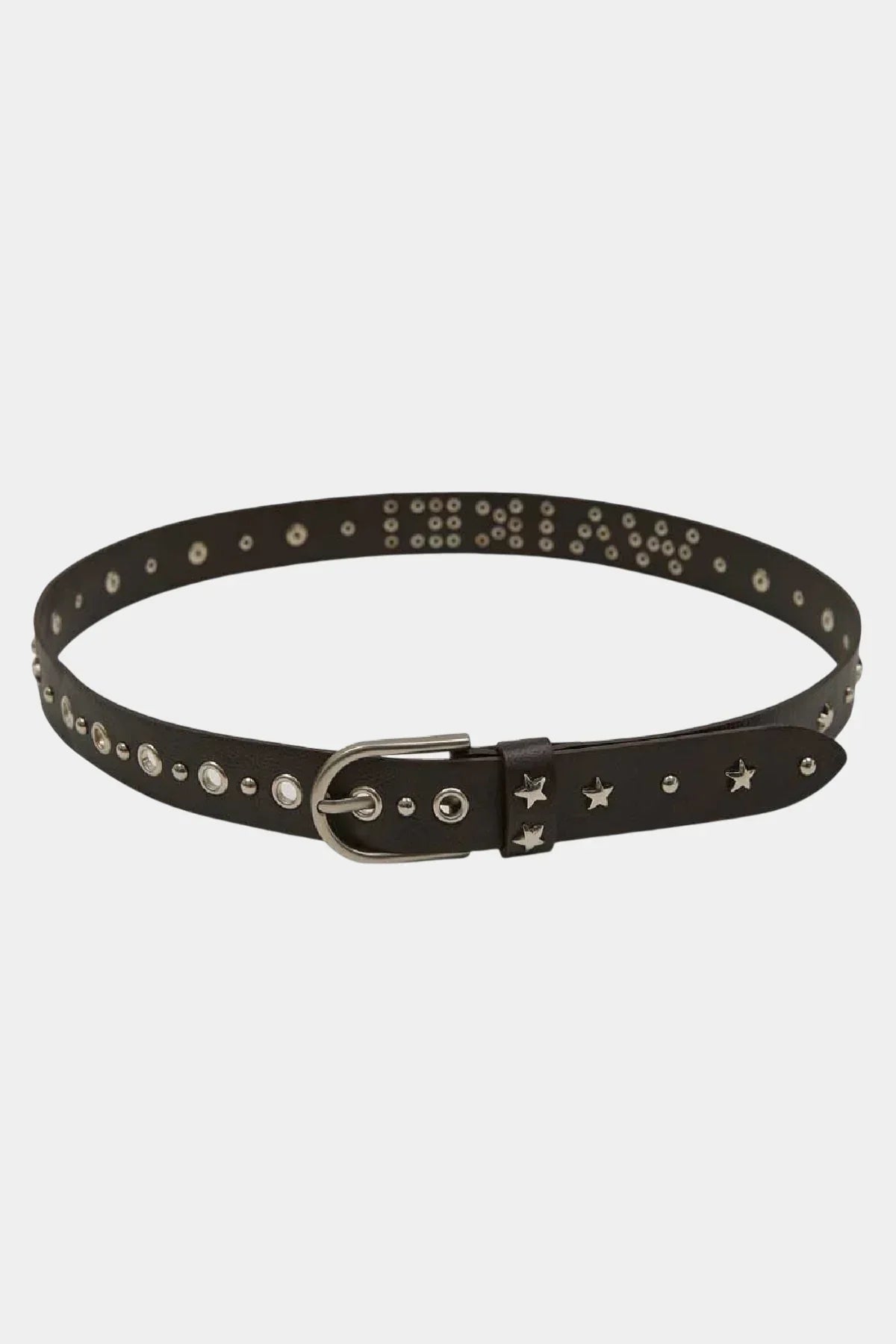 Brown leather belt with silver star and circular studs, silver buckle on white background