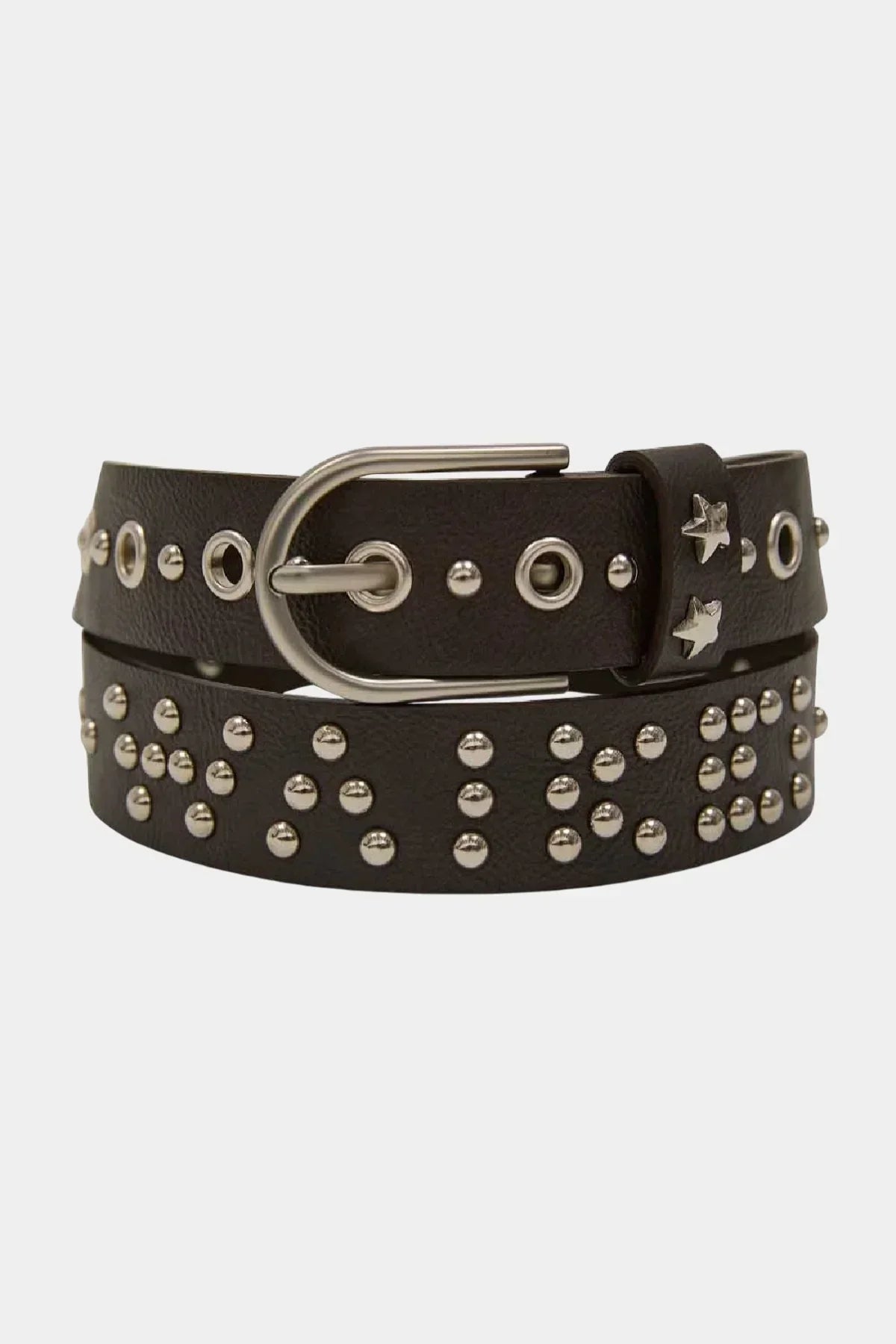 Black leather belt with silver round studs, eyelets, star-shaped metal accents, and silver buckle