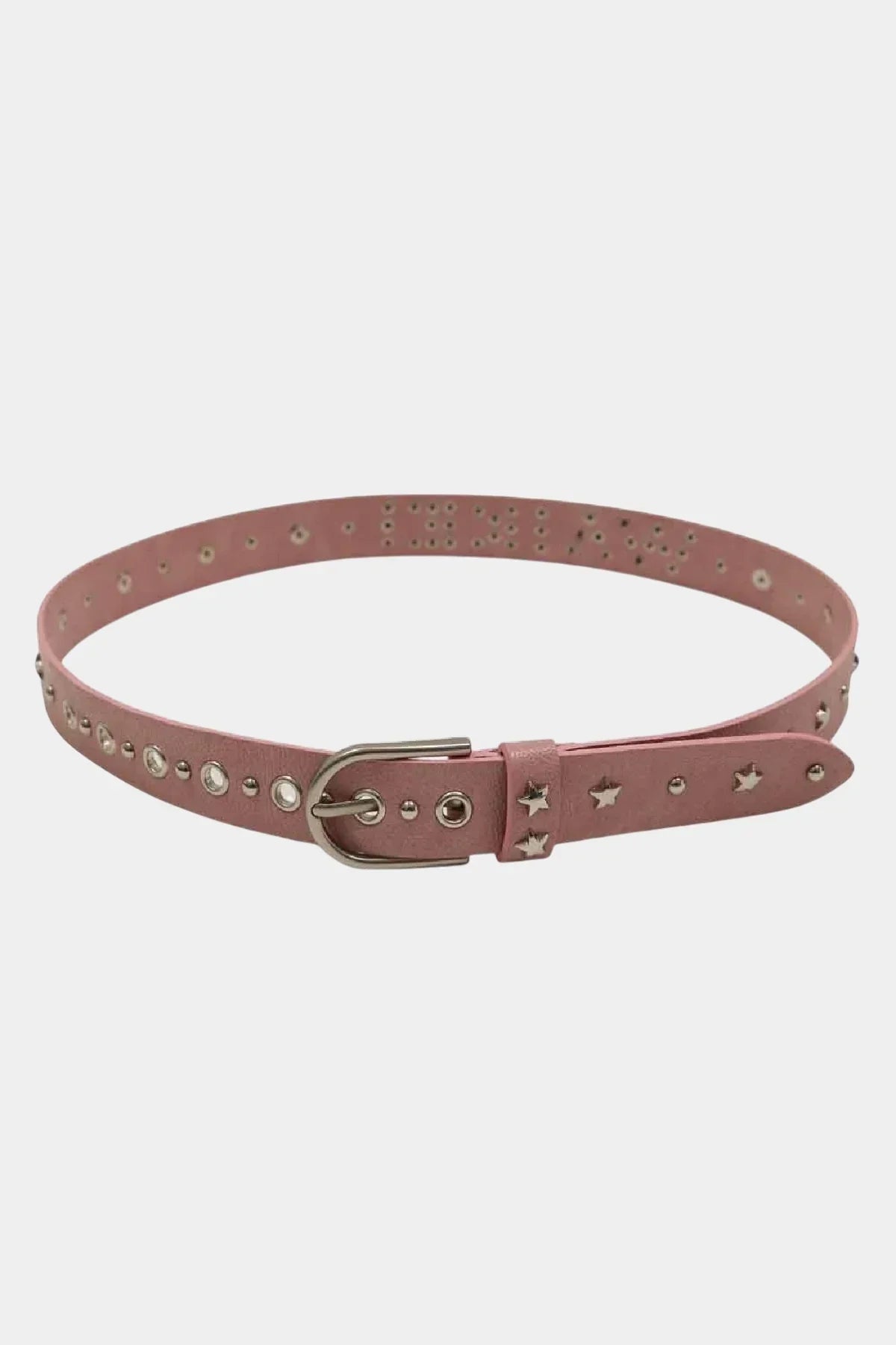 Pink leather belt with silver star and round metal stud embellishments and silver buckle