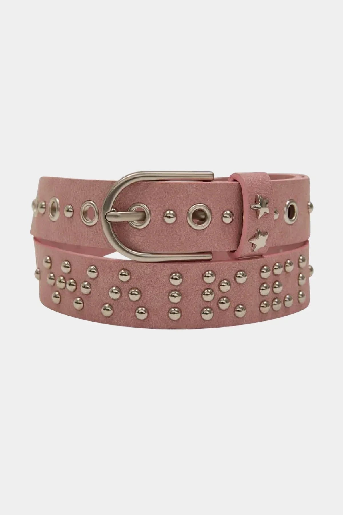 Pink studded belt with silver buckle and star-shaped metal accents on loop