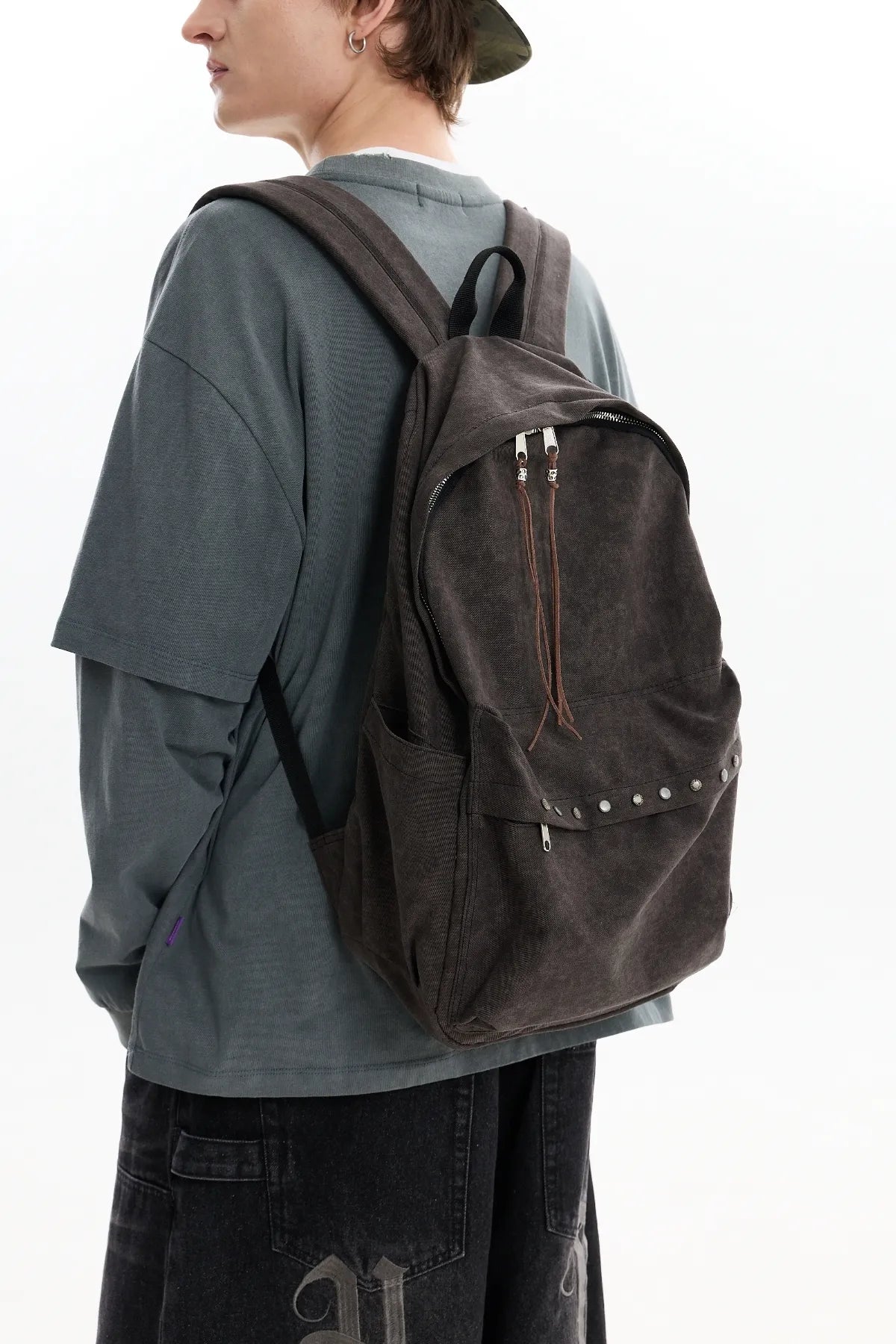 Stud Washed Beads String Backpack