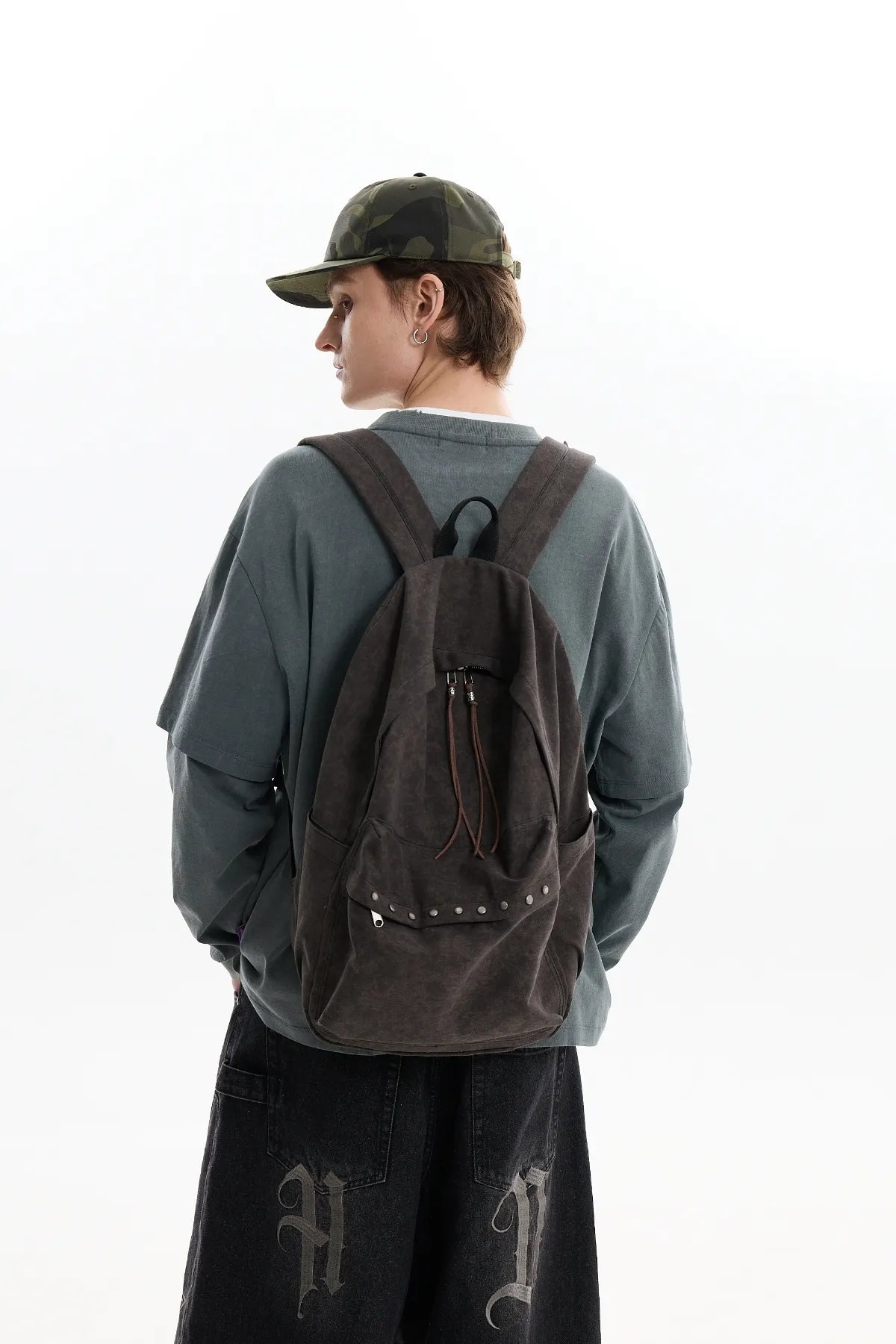 Stud Washed Beads String Backpack