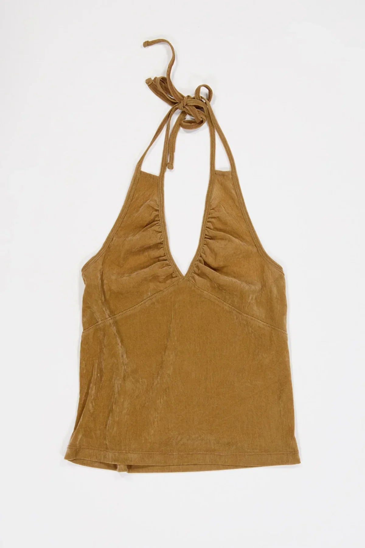 Camel suede halter bra top with shirring detail on white background
