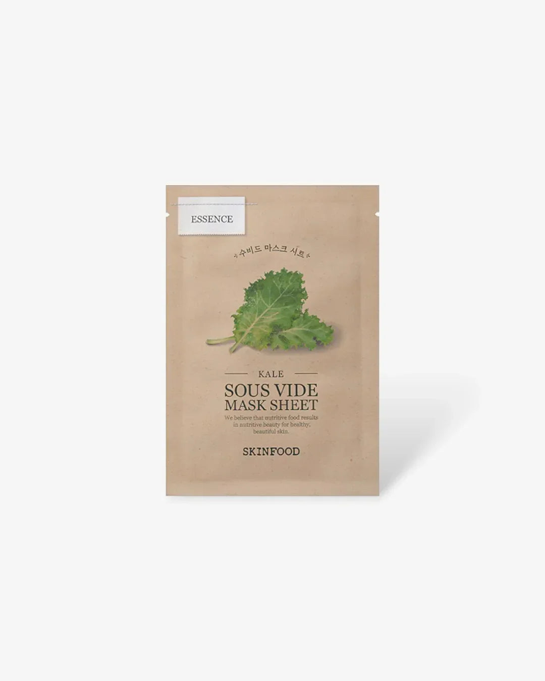 Skinfood Kale Sous Vide Mask Sheet essence face mask packaging with kale leaf on beige background