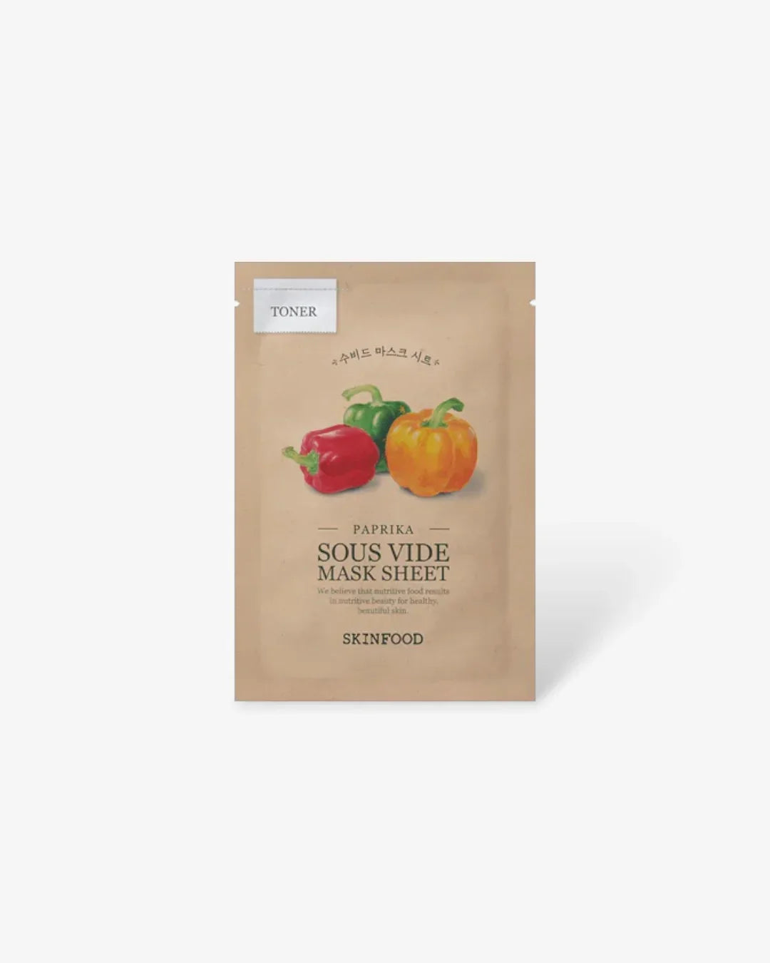 Skinfood Paprika Sous Vide Mask Sheet pack with red, green, and orange bell peppers illustration