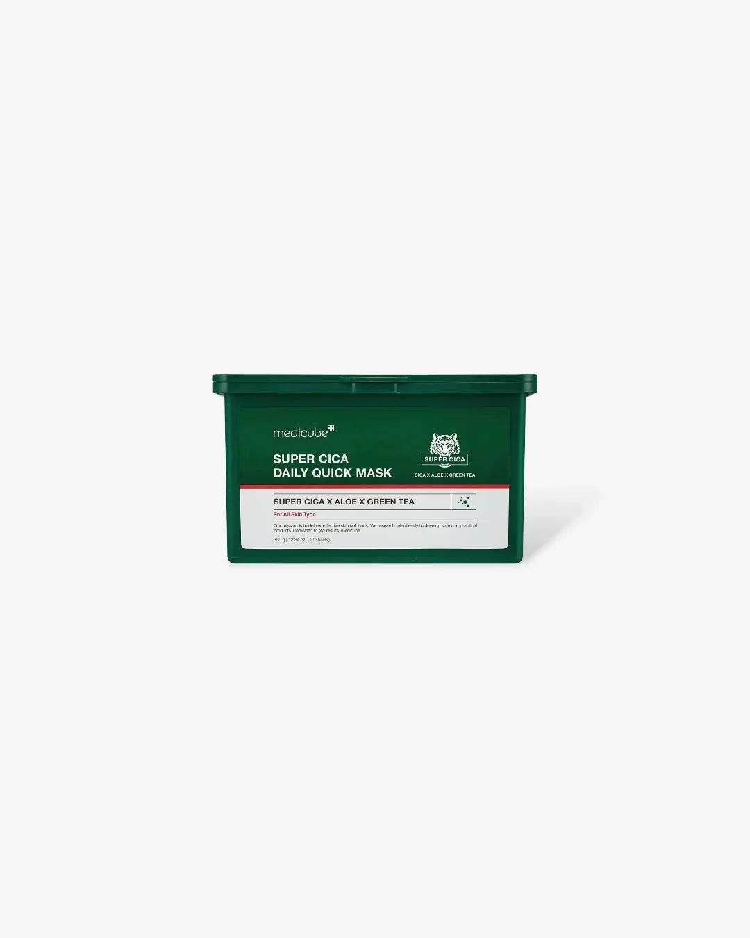 Green and white Medicube Super Cica Daily Quick Mask container with aloe and green tea for all skin types