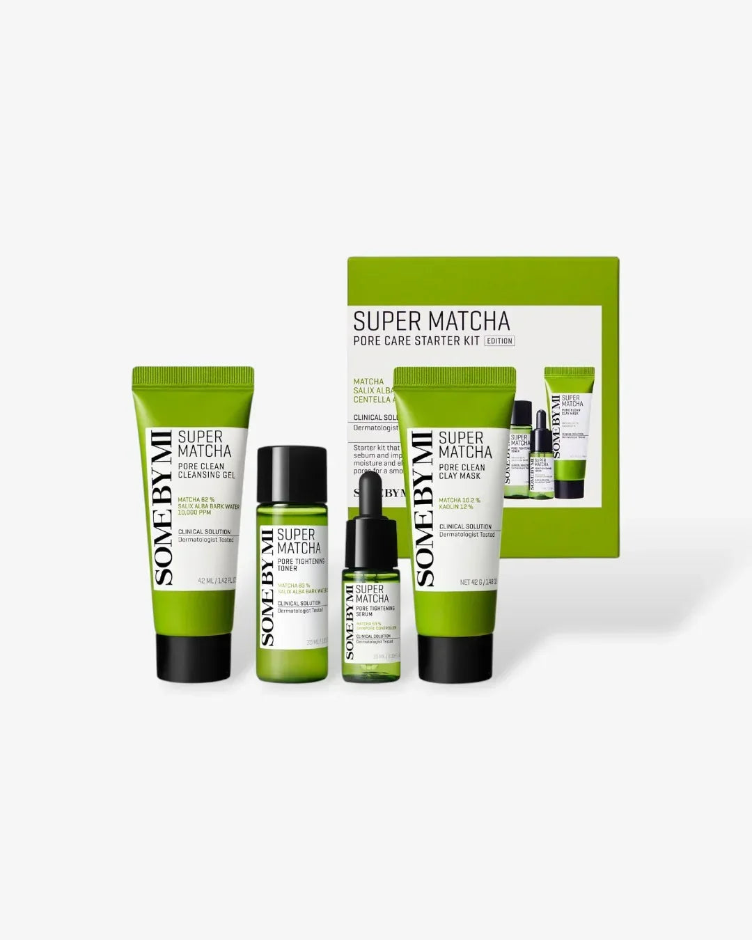 Some By Mi Super Matcha Pore Care Starter Kit with cleansing gel, toner, serum, clay mask, and green packaging box