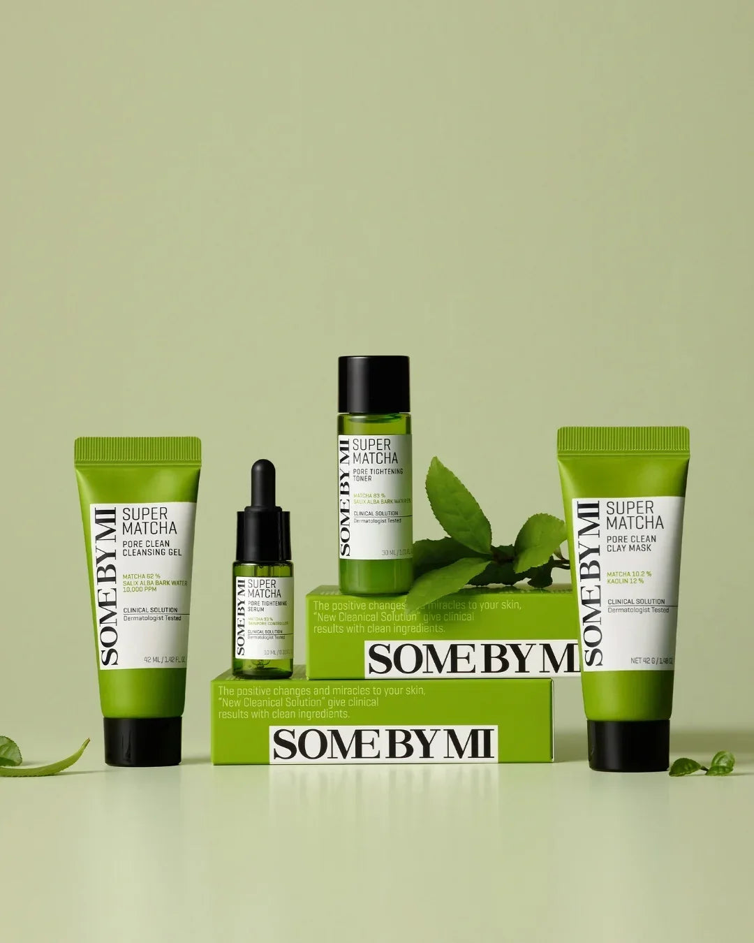 SOME BY MI Super Matcha skincare starter kit with cleansing gel, serum, toner, and clay mask on green background
