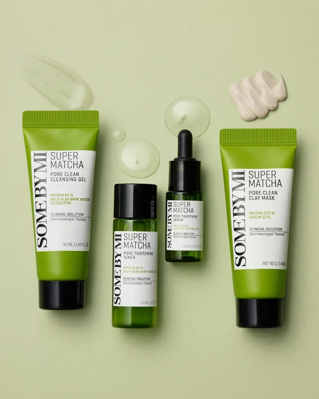 Some By Mi Super Matcha skincare set with pore clean gel, toner, serum, and clay mask on green background