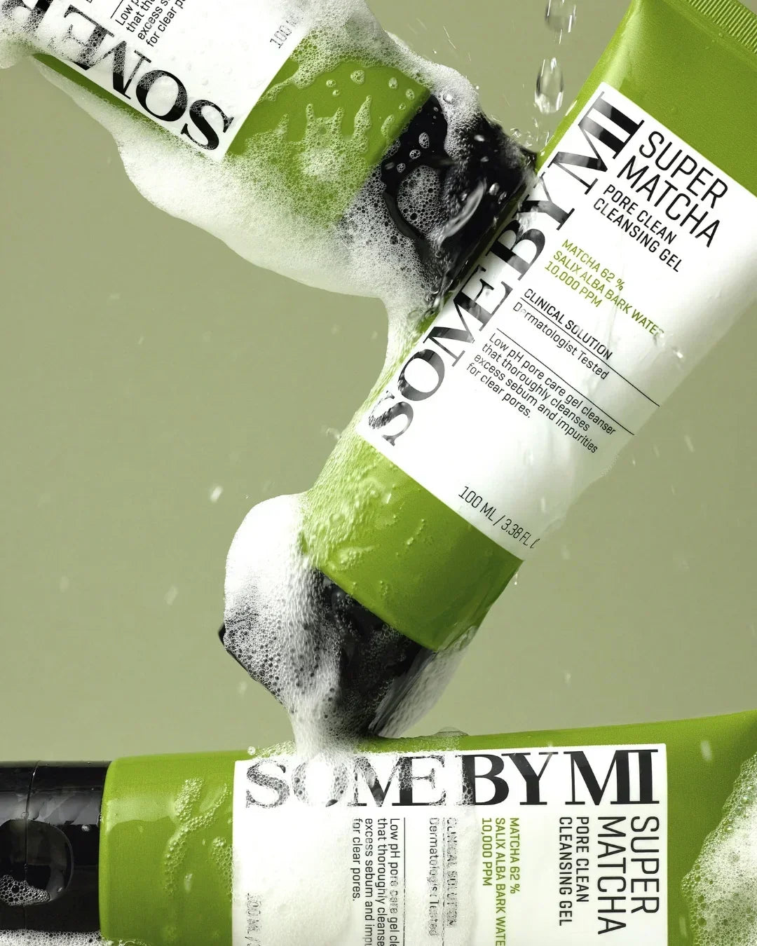 Foaming Some By Mi Super Matcha Pore Clean Cleansing Gel tubes with green caps and white labels