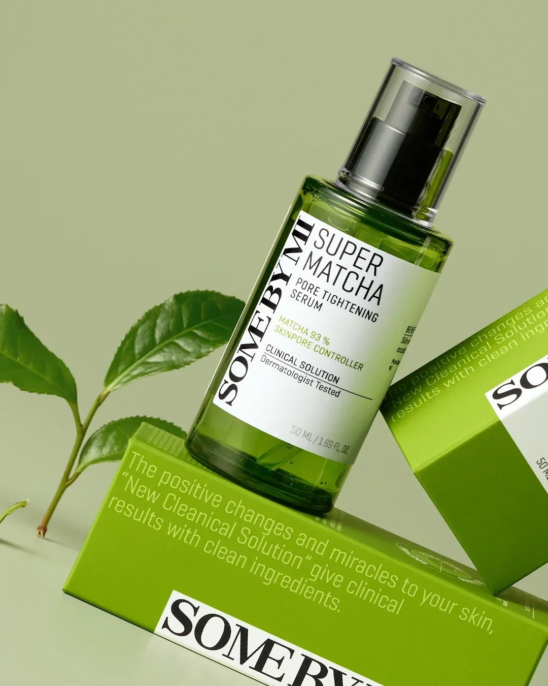 SOME BY MI Super Matcha Pore Tightening Serum 50ml bottle and green packaging with matcha leaf on light green background