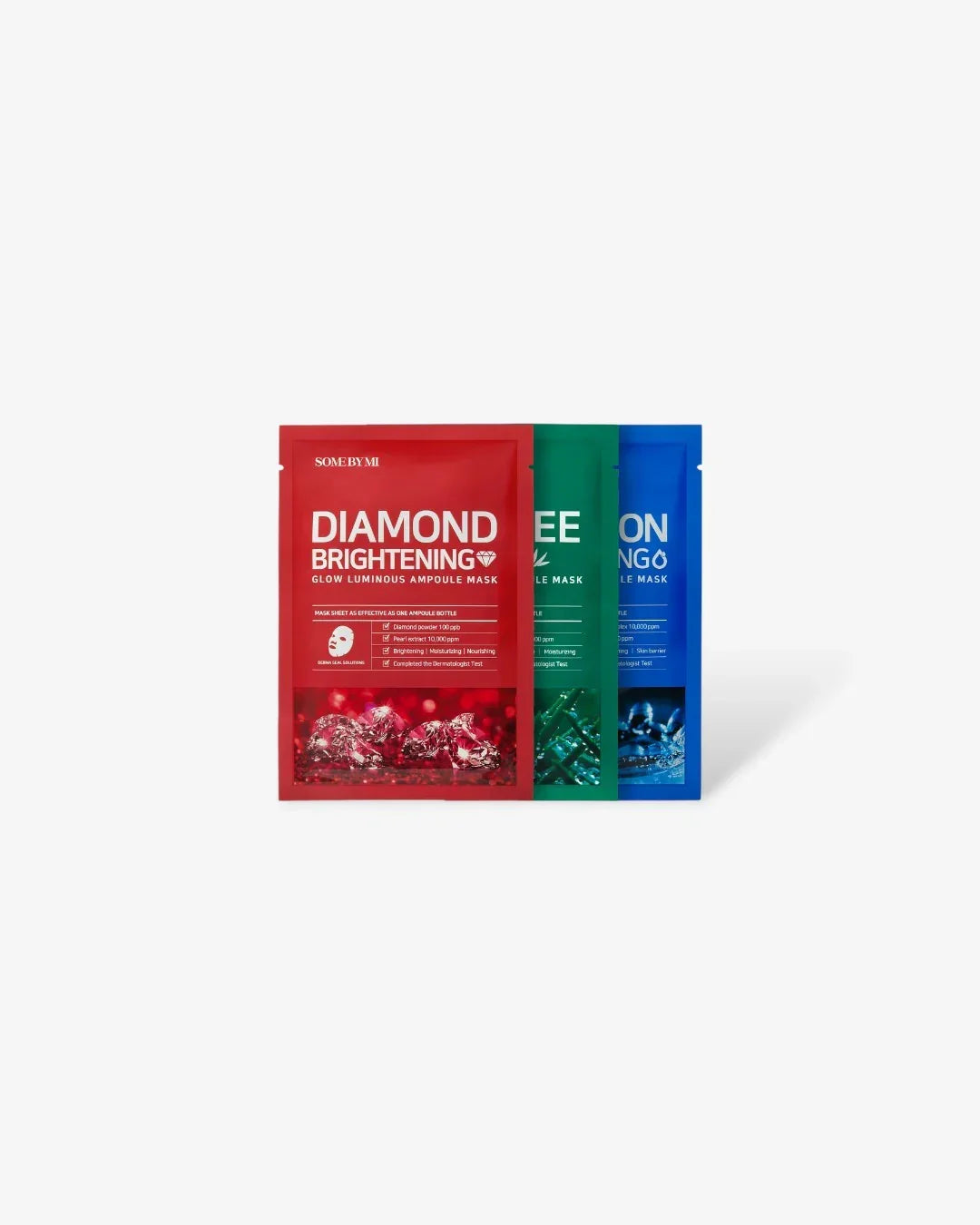 Three colorful ampoule face mask packets with diamond brightening, tea tree, and hydration themes