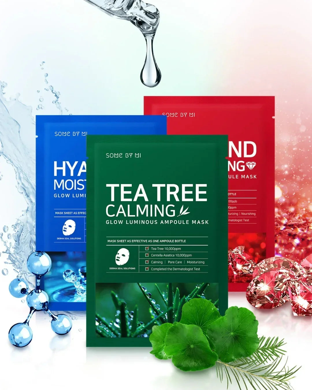 Three colorful skincare ampoule mask packets with water droplet, green leaves, and glowing crystals in background