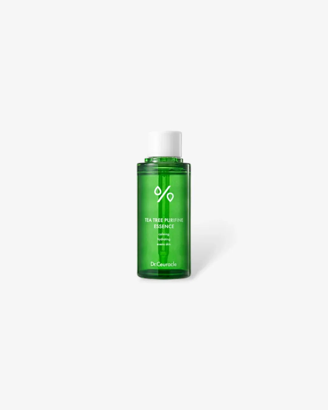 Green bottle of Dr.Ceuracle Tea Tree Purifine Essence skincare product with white cap on white background