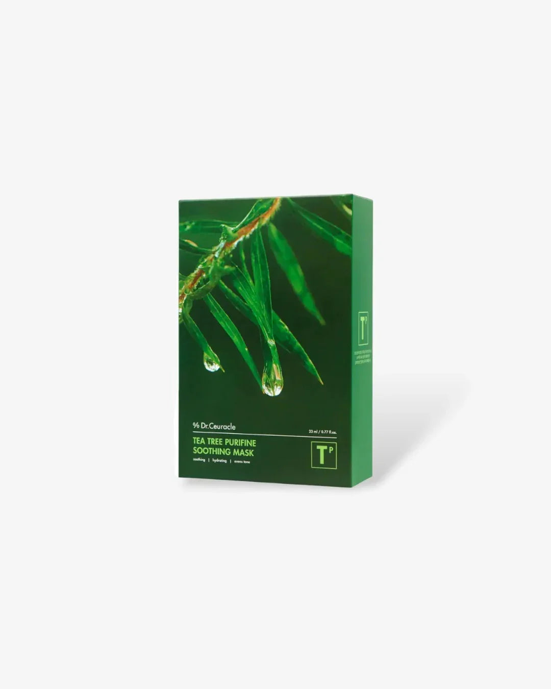 Dr. Ceuracle Tea Tree Purifine Soothing Mask box with green tea tree branch and water droplets