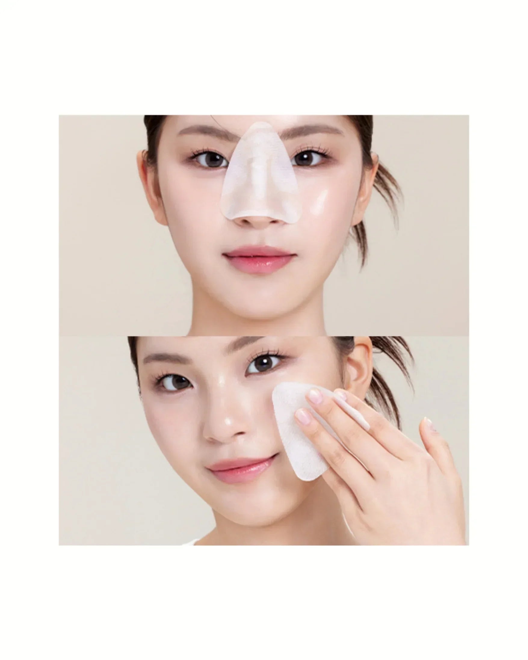 Woman applying white tea tree toner pads on nose and cheek for skincare