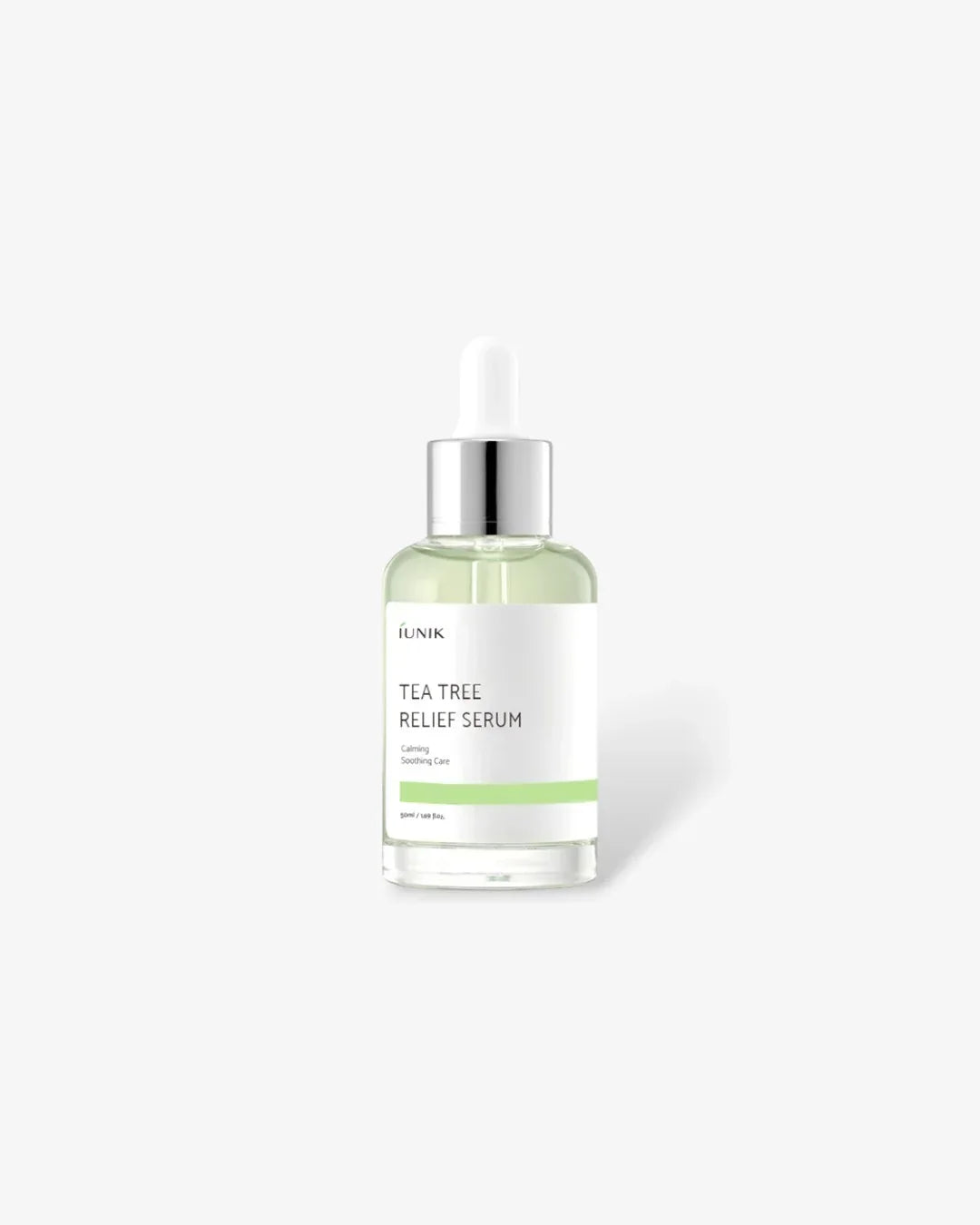 iUNIK Tea Tree Relief Serum 50ml bottle with dropper on white background, calming soothing skincare