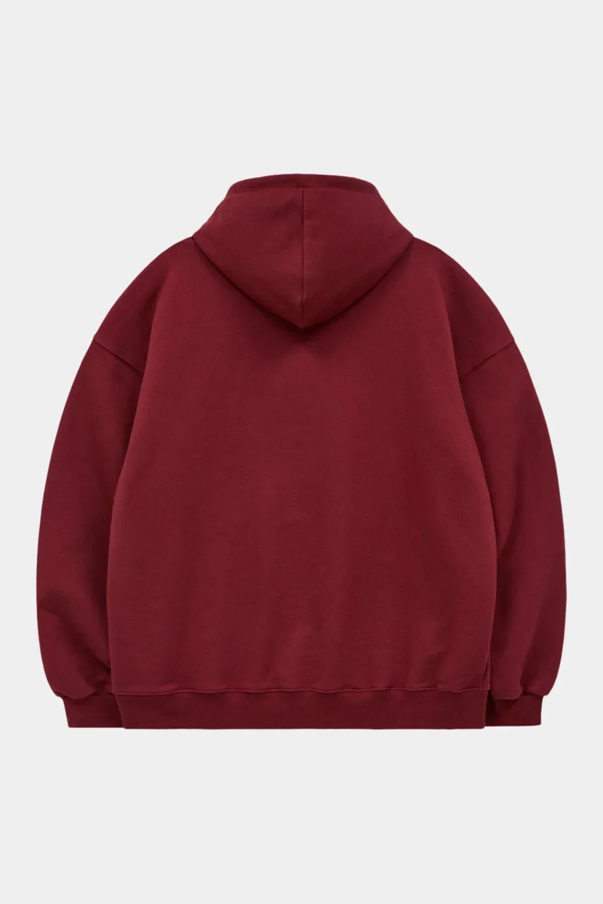 Burgundy oversized hoodie with hood shown from the back on white background
