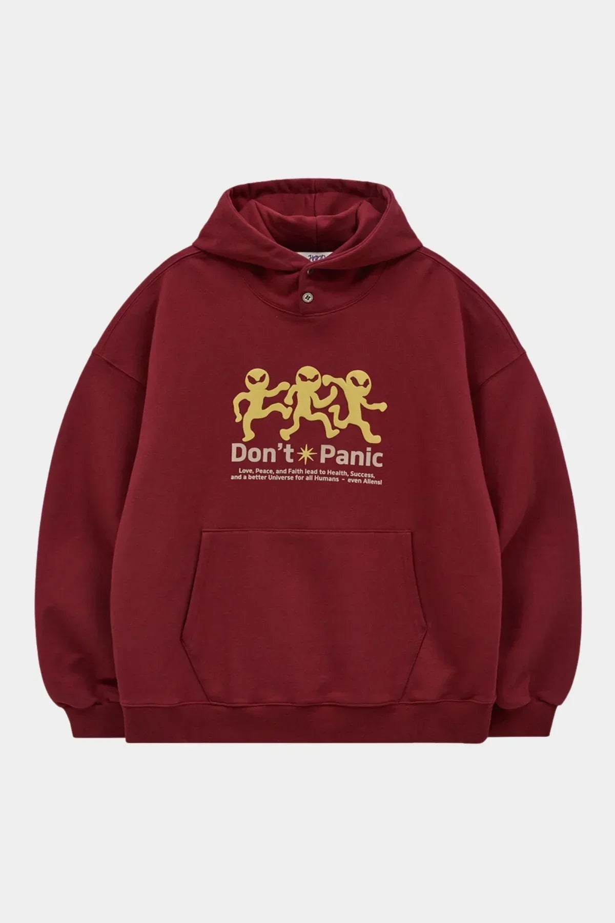 Burgundy hoodie with three yellow alien figures and text 'Don't Panic' on front