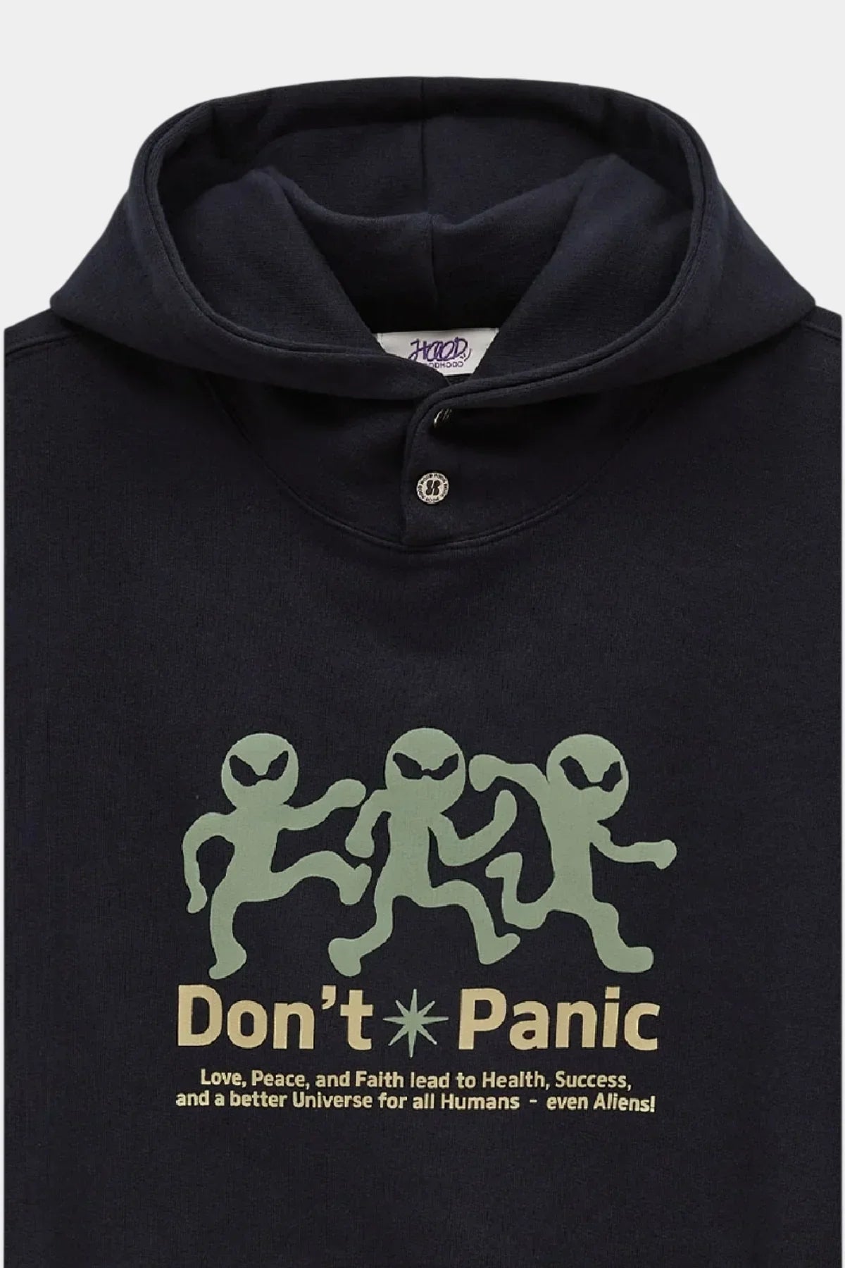 Navy hoodie with three dancing green alien figures and text Dont Panic with a positive message