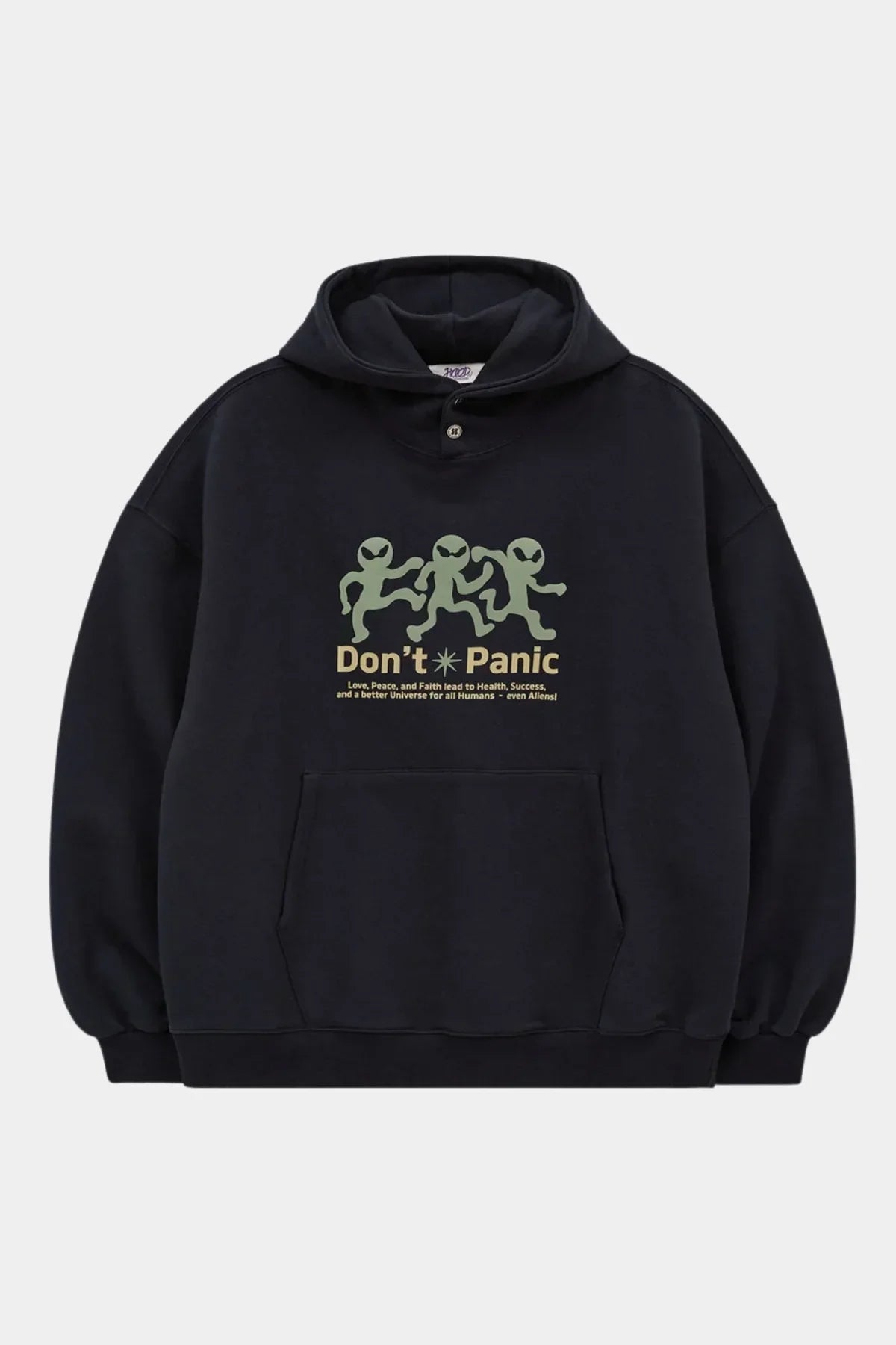 Navy hoodie with front pocket featuring three green alien figures and text 'Don’t Panic' with motivational message