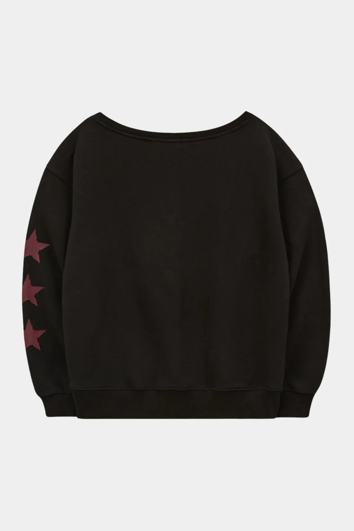 Black off-shoulder sweatshirt with three maroon stars on left sleeve back view